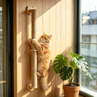 55" Cat Wall Scratcher, Wooden Wall-Mounted Natural Jute Scratching Post | Vertical Scratching Post for Large Cats, Climbing Shelves, Space Saving Cat Tower Alternative for Indoor Cats & Kittens1