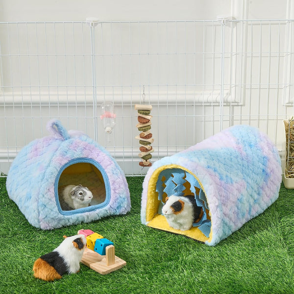 Avont 2-Pack Guinea Pig Tunnel & Hideout Bed Set | Washable Hideout & Tunnel Set, Breathable Fleece, Dual Entrances, Removable Pad, Blue or Yellow2