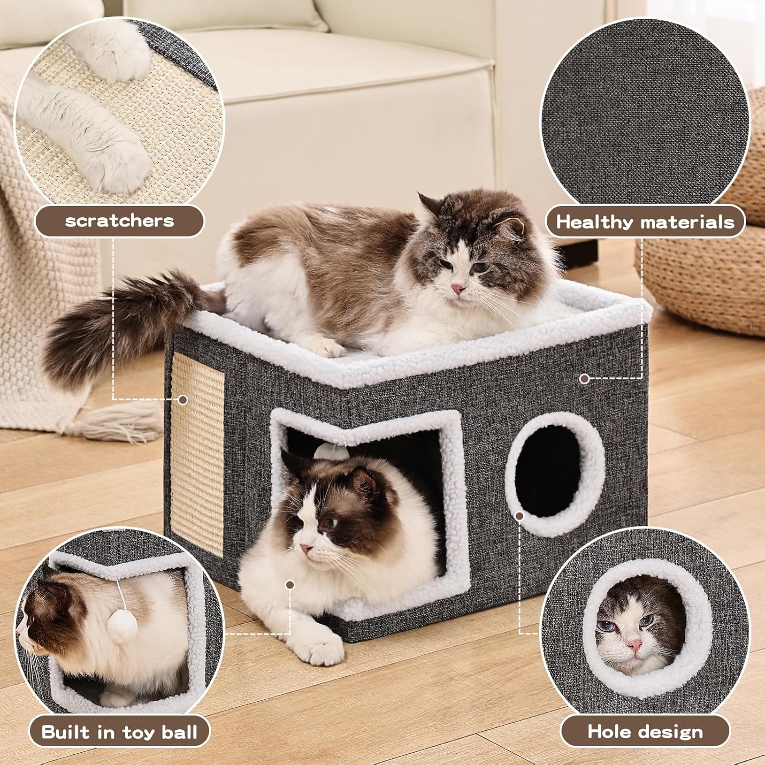 large-cat-houses-for-indoor-cats-with-fluffy-ball-and-scratch-pad-foldable-cat-bed-cave-for-multiple-pets-kitten-bed-for-all-seasons-non-slip-hold-up-to-30lbs-16x16x13inch-grey