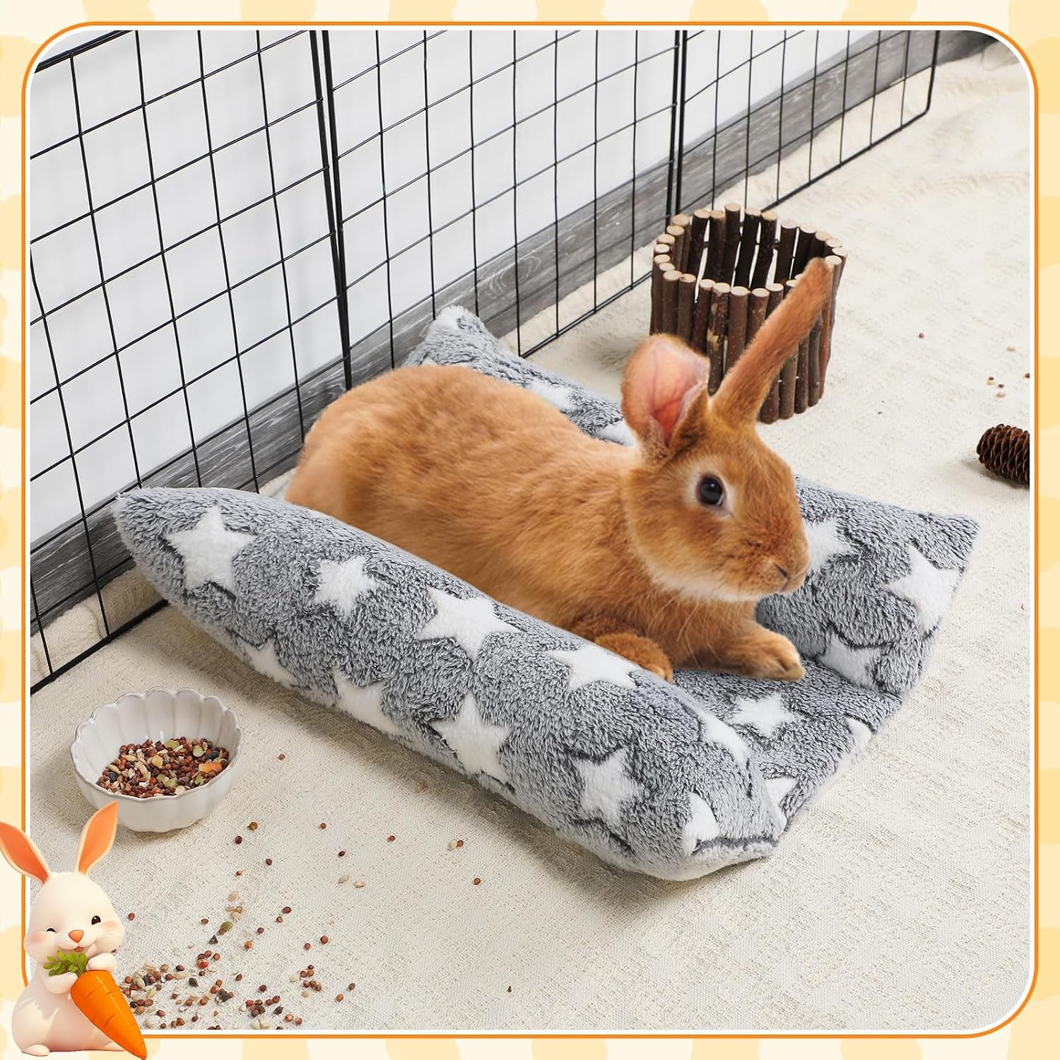 mewtogo-15-7-x-14-bunny-bed-for-rabbit-cage-thickened-soft-prevent-sore-hocks-plush-mat-with-cotton-lounger-pillows-small-animal-flop-mat-for-hutch-sleeping-indoor-gray-star