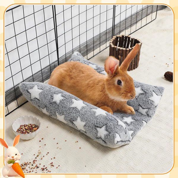 MEWTOGO 15.7" X 14" Bunny Bed for Rabbit Cage - Thickened Soft Prevent Sore Hocks Plush Mat with Cotton Lounger Pillows, Small Animal Flop Mat for Hutch Sleeping Indoor, Gray-Star4