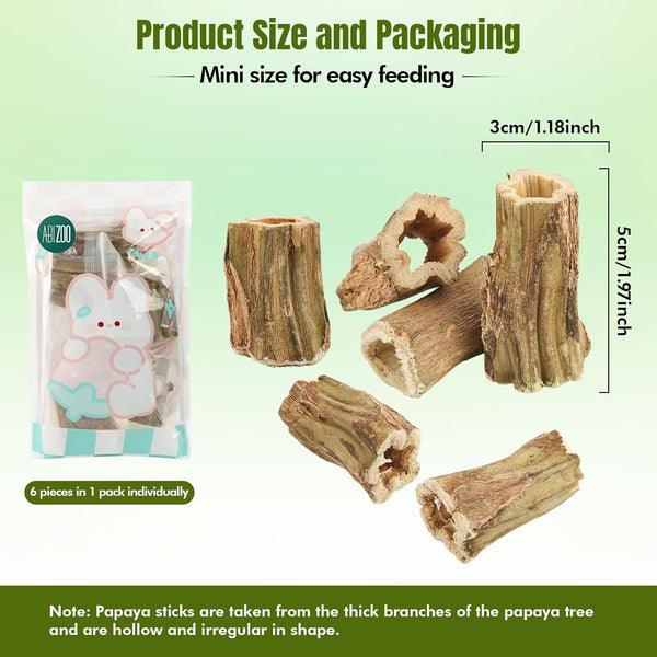 Abizoo Natural Bunny Chew Toys,6 Pcs Organic Papaya Wood Sticks Chew Toys for Rabbit,Hamster,Guinea Pig,Chinchilla,Gerbil,Rat Healthy Chews Teeth Grinding Treats, Squirrel Molar Snack6