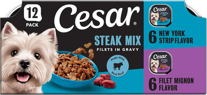 Cesar Filets in Gravy Wet Dog Food, Steak Mix Variety, 3.5 Oz, 24 Count | Filet Mignon, New York Strip & Prime Rib, Real Meat, Slow-Cooked, No Fillers/Added Sugar/Artificial Flavors, Easy Peel Trays17