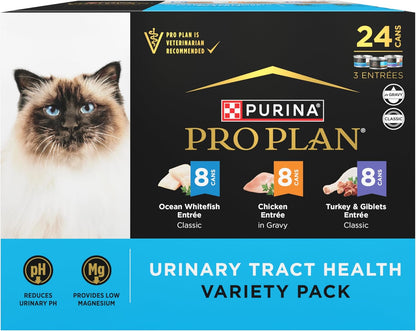 Purina Pro Plan Urinary Cat Food Wet Variety Pack Urinary Tract Health Ocean Whitefish, Chicken, Turkey and Giblets - (Pack of 24) 3 Oz. Cans1