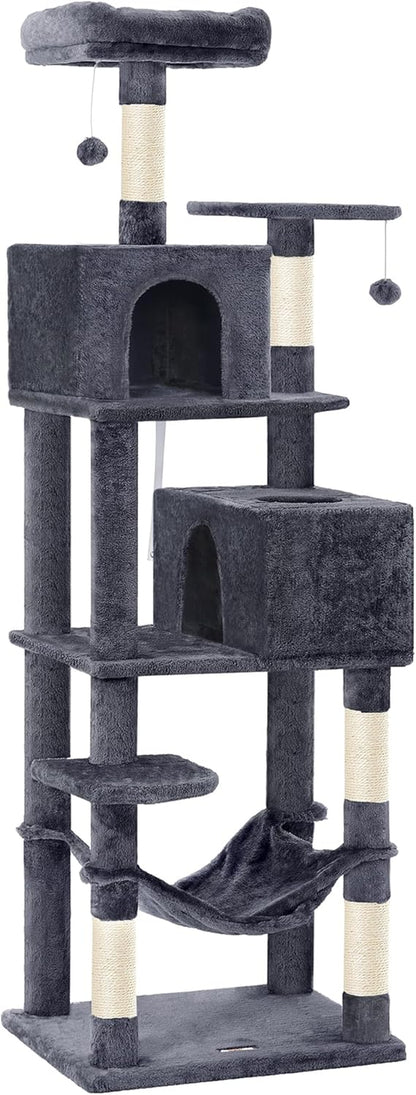 Feandrea Cat Tree, 59.5-Inch Tall Cat Tower, Plush Multi-Level Condo with 5 Scratching Posts, 2 Perches, 2 Caves, Hammock, 2 Pompoms, Light Gray UPCT192W0120