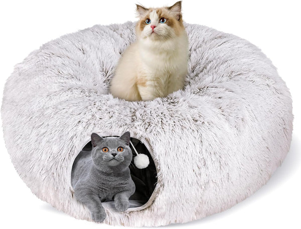 Baseola Fuzzy Cat Tunnel Bed for Indoor Cats, 2-In-1 Interactive Cat Toys | Peekaboo Cat Cave with Washable Mat, Collapsible Cat Play Tunnel for Kittens & Small Pets, Plush Cat Donut Bed Tunnel, Grey13