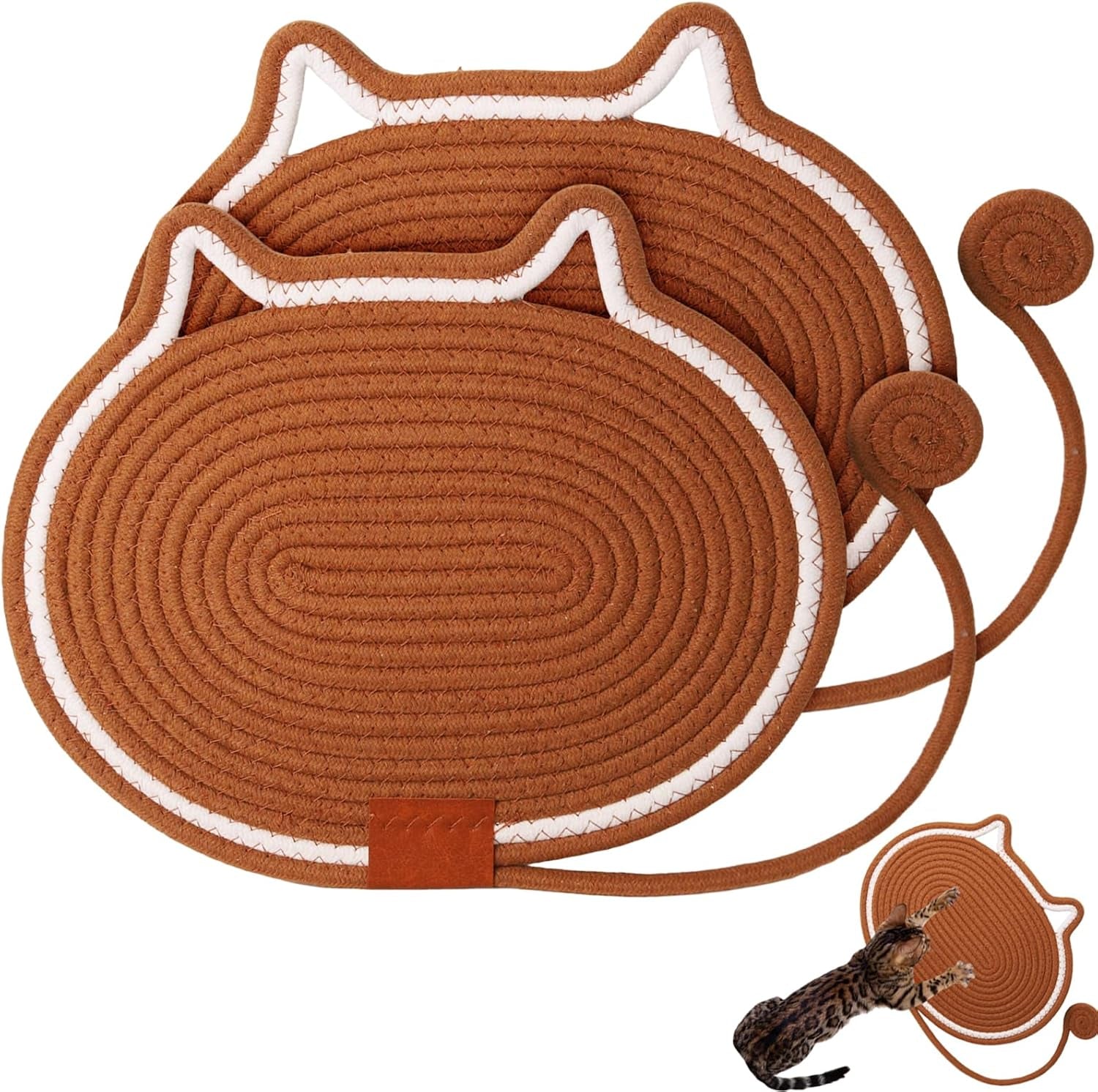2-pc-cat-scratcher-mat-natural-cotton-rope-oval-horizontal-scratch-pad-11x13-7-with-dangling-ball-toy-cat-ear-design-furniture-protector-for-floor-wall-durable-handmade-balck-2-pc