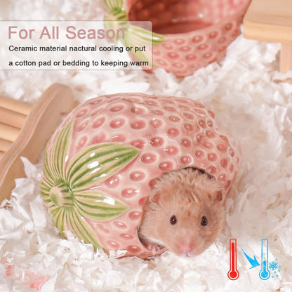 Ceramic Hamster Hideout Strawberry Chew Proof Syrian Hide Cool Bed | Easy to Clean Durable Ceramic Guinea Pig House, Good Hiding Hut Cave for Gerbil, Mice, Rat All Season，Cute Pink Habitat Decor3