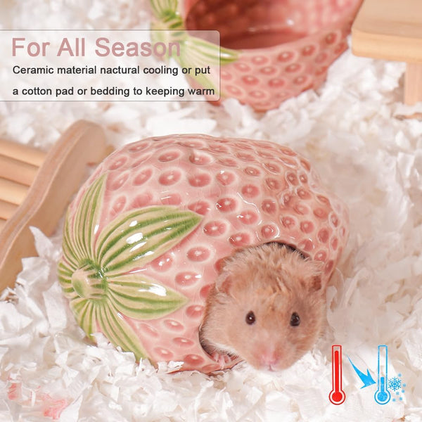 Ceramic Hamster Hideout Strawberry Chew Proof Syrian Hide Cool Bed | Easy to Clean Durable Ceramic Guinea Pig House, Good Hiding Hut Cave for Gerbil, Mice, Rat All Season，Cute Pink Habitat Decor3