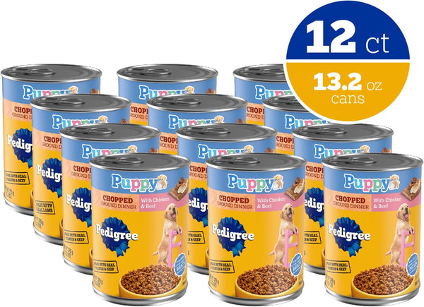 Pedigree Puppy Chopped Wet Dog Food, Chicken & Beef, 13.2 Oz, 12 Count | 100% Complete & Balanced for Puppies, DHA for Brain Development, Rich in Calcium for Teeth & Bones, Chicken & Beef2