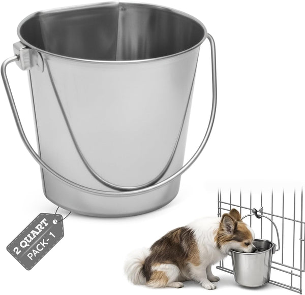 9 Quart Stainless Steel Flat Side Bucket | 2.25 Gal Durable Heavy Duty Food & Water Feeding Pails for Dog Goat Sheep Horse | Fits Kennel Cage Critter Crate Hanging Pet Pail | Multipurpose13