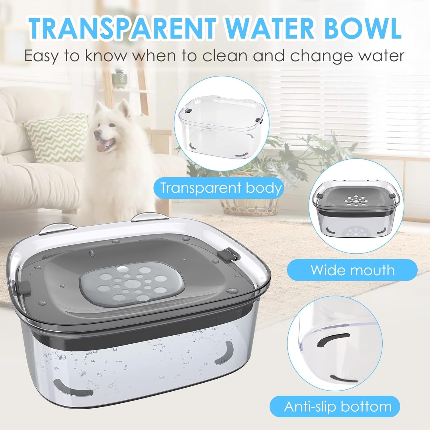 3l-no-spill-dog-water-bowl-with-slow-drinking-diskgray-clear-acrylic-easy-water-check-non-slip-pads-slobber-stopper-splash-proof-water-bowl-for-sloppy-messy-drinkers-reduce-mess