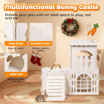 Large Rabbit House, Wooden Bunny Castle with 3 Houses Indoor, Rabbit Guinea Pig Cage Multistory Climbing Tower Sturdy Wooden Castle, Small Animal Hideaway Tunnel3