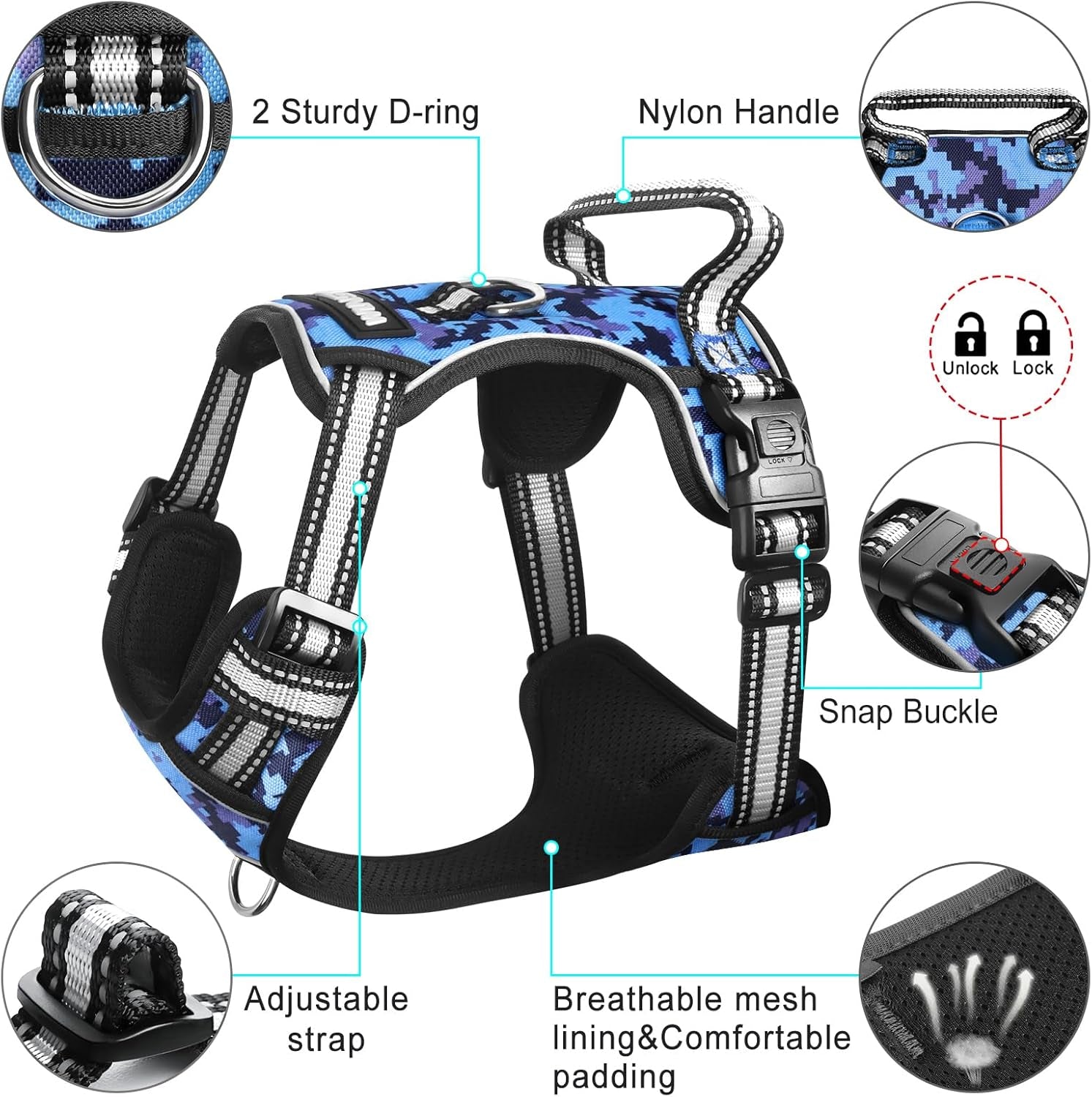 dog-harness-no-pull-pet-harnesses-with-dog-collar-adjustable-reflective-oxford-outdoor-vest-front-back-leash-clips-for-small-medium-large-extra-large-dogs-easy-control-handle-for-walking