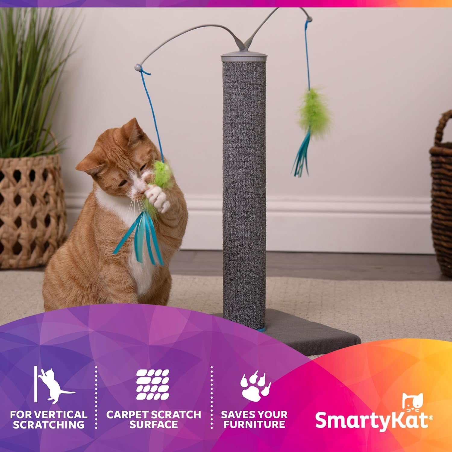 smartykat-scratch-n-spin-carpet-cat-scratching-post-with-2-spinning-wand-toys-plus-2-replacement-wands-gray-blue
