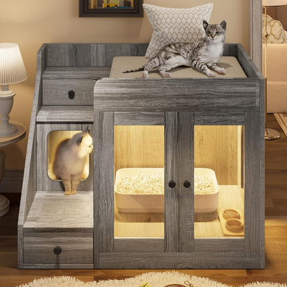 Cat Litter Box Enclosure with Light, Hidden Litter Box Furniture with 2 Storage Drawers & Smart Doors, Cat House Side Table for Living Room Entryway (Black)8