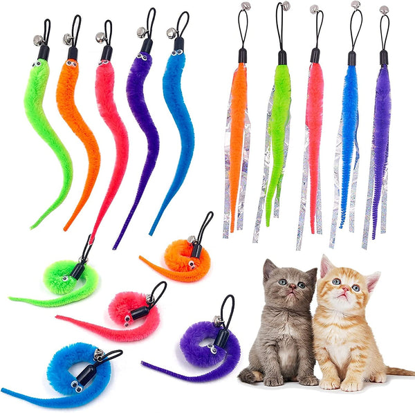 Cat Toy Worm Refills, 15 Pieces Interactive Cat Wand Attachments Worms Toy for Indoor Cats3