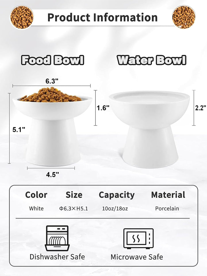 Loejan Elevated Cat Food and Water Bowls Set, Extra Wide and Raised Ceramic Bowls, Anti-Vomit Whisker-Free Pressure Cat Feeder for Kittens to Adult Cats and Small Dogs (White, Water Bowl)+2