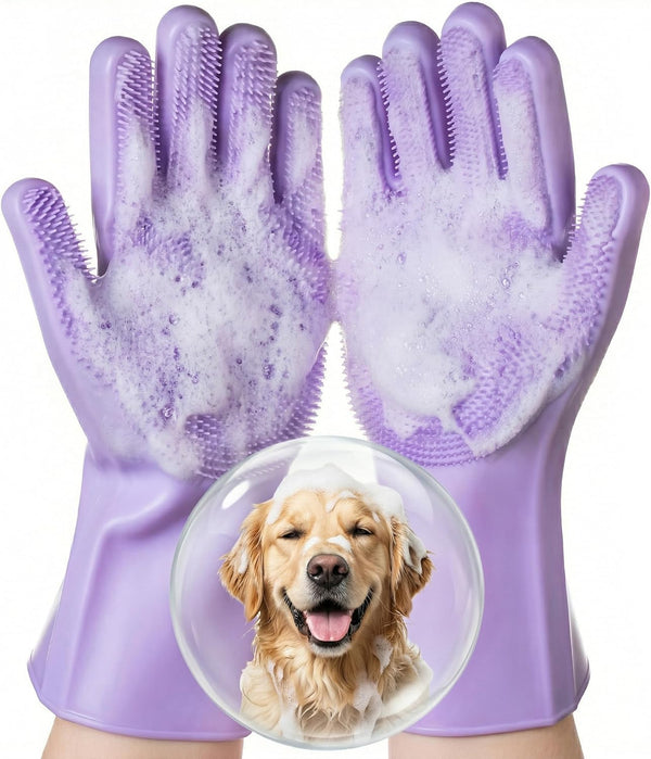 Silicone Pet Grooming Gloves Dog Washing Gloves for Bathing, 1 Pair Purple | 3000 Soft Silicone Bristles, 5-Finger Flexible, Gently Massages & Removes Fur, Non-Slip, Easy Clean, for Dogs/Cats/Horses1
