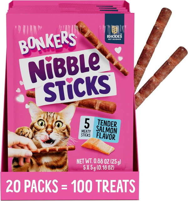 Bonkers Nibble Sticks Soft & Meaty Tender Salmon Flavor Cat Treats, 5 Sticks (Pack of 20)9