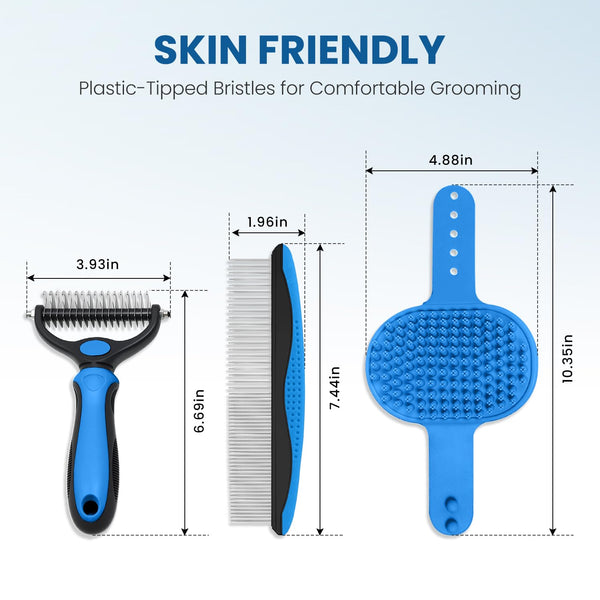 Double-Sided Pet Grooming Rake - 4-In-1 Professional Pet Grooming Kit Deshedding Dematting Tool for Dogs Cats Extra-Wide Grooming Brush & Deshedder Comb for Long & Short Haired Pets (Blue Kit 4PCS)5