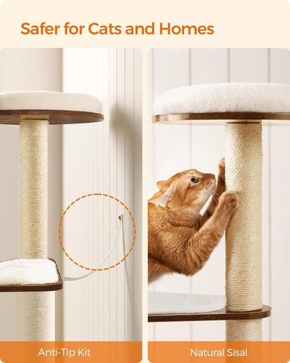 Feandrea Cat Tree, 64.6-Inch Modern Cat Tower, Multi-Level Condo with 5 Scratching Posts, Perch, Washable Removable Cushions, Cave, Rustic Brown UPCT166X018