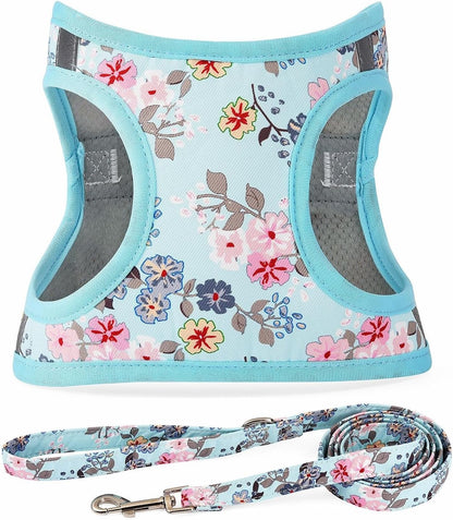 Step in Dog Harness Leash Set- All Weather Reflective No-Pull Floral Pattern Padded Mesh Vest Harness for Cats Puppy Extra-Small Small Medium Large Dogs - Pink Flower - S9
