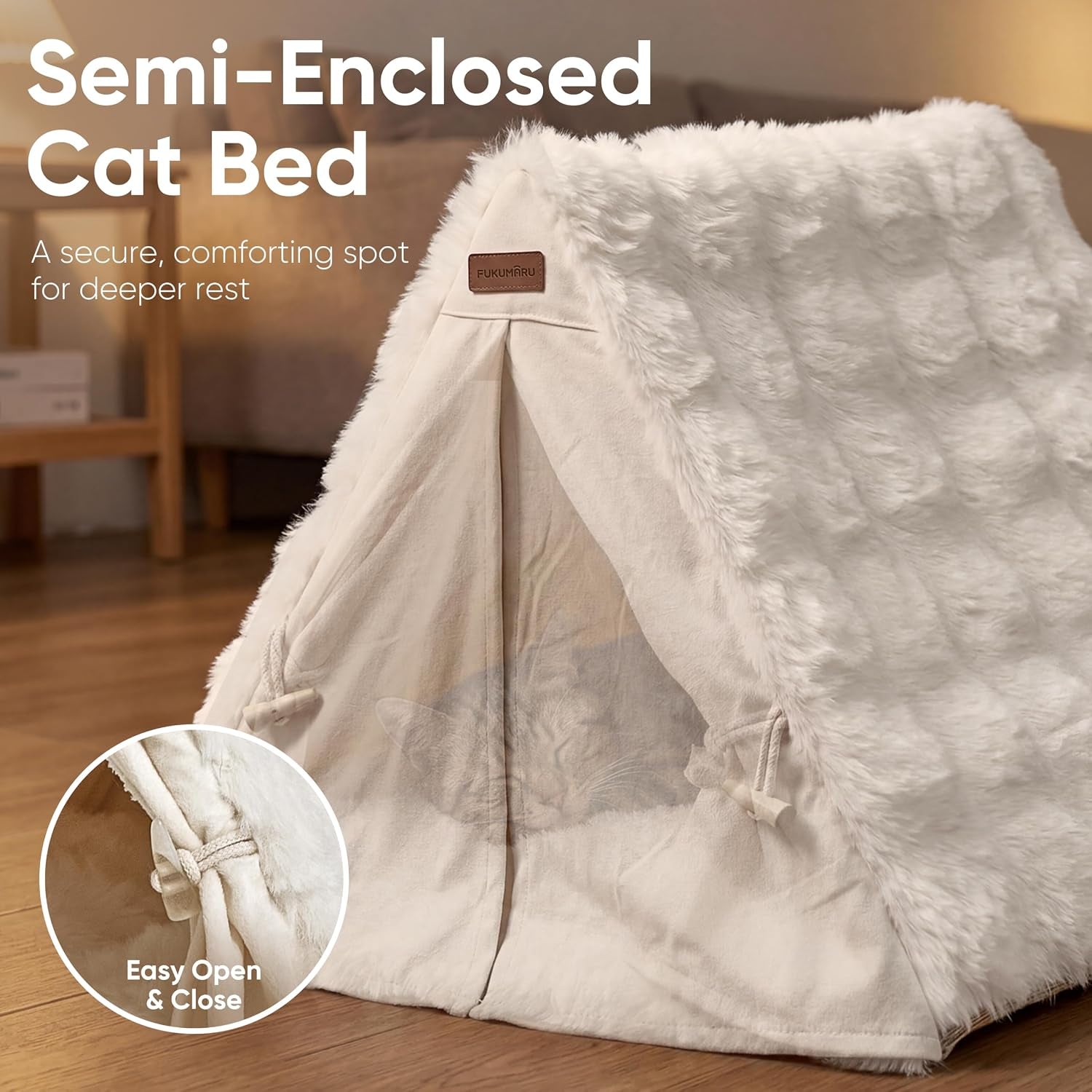fukumaru-cat-cave-bed-sturdy-frame-washable-cat-tent-bed-with-curtain-semi-enclosed-cat-hideaway-for-anxious-cats-large-cozy-cat-house-for-indoor-cats-soft-plush-covered-dog-bed-cream
