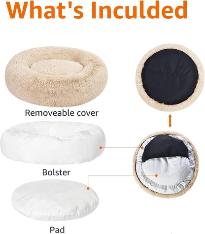 Amazon Basics Washable Donut Pet Bolster Faux Fur Bed with Removable Cover, Anti-Slip Bottom for Dog, Beige, 23" X 23"4