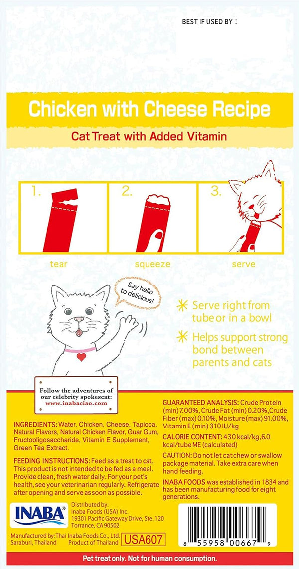 INABA Churu Lickable Purée Natural Cat Treats (Chicken with Cheese Recipe, 4 Tubes)2