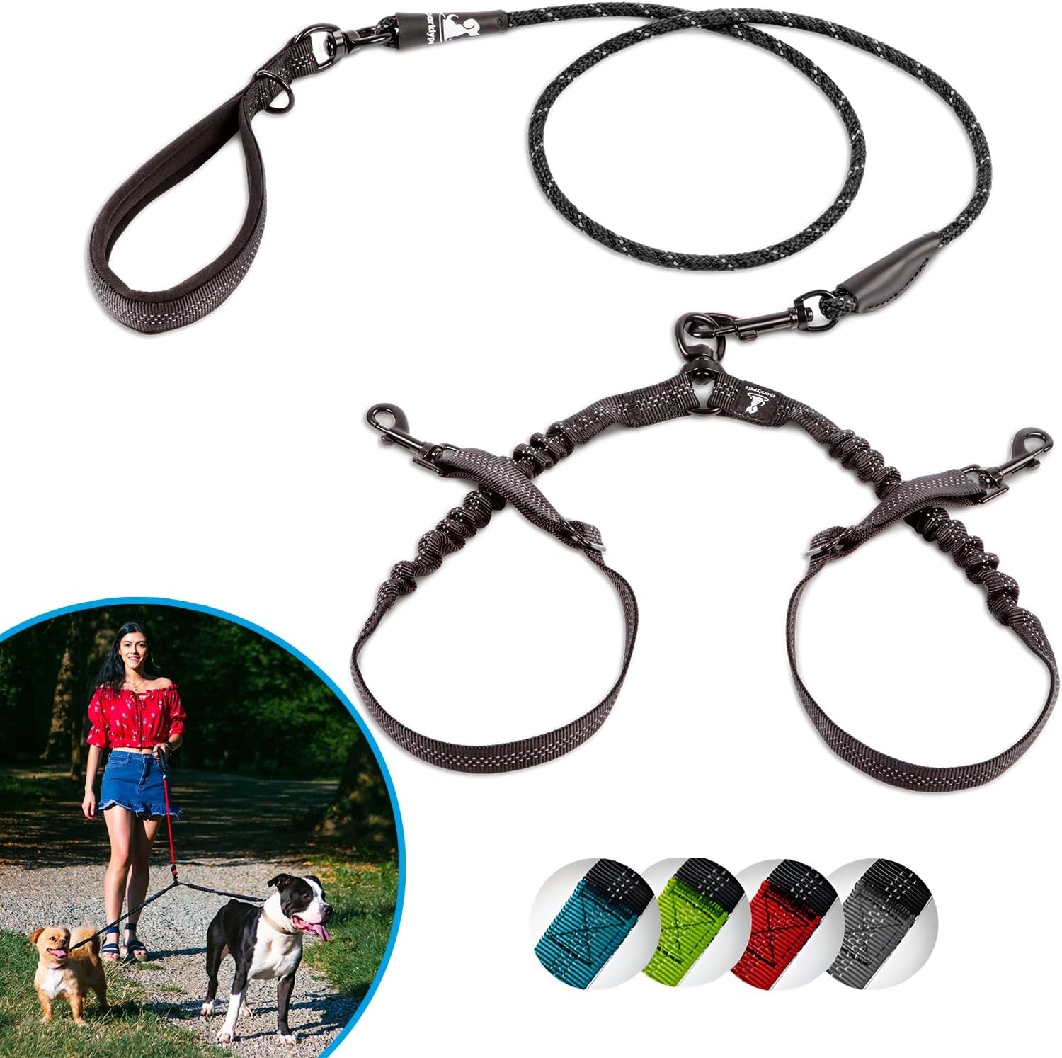 sparklypets-double-dog-leash-for-2-dogs-rope-bungee-dual-leash-for-medium-and-large-breeds-with-padded-handles-tangle-free-teal-medium-large