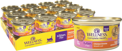 Wellness Complete Health Pate Variety Pack Kitten Canned Wet Cat Food, Natural, Protein Rich, Grain Free, Whitefish and Chicken Recipes, 3 Oz, Pack of 12 Cans13