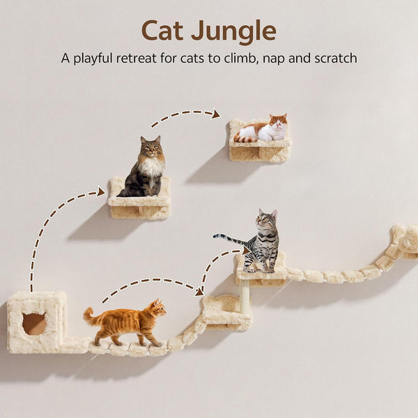 9-In-1 Cat Wall Shelves, Cat Wall Furniture Set with Bridge, Beige | Wall Mounted Cats Shelf for Space-Saving, Multi-Level Cat Climbing Systems for 16 Inch Drywall, with Scratching Posts, Condos5