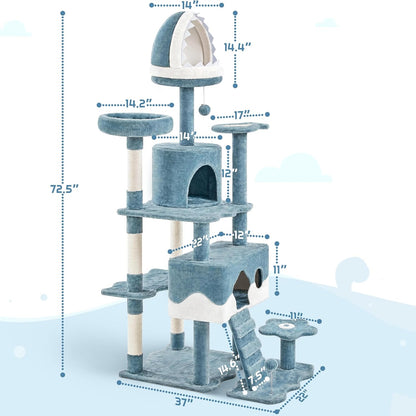 Yaheetech 72.5In Shark Cat Tree, Shark Mouth Bed, 2 Condos, Blue & White | Ocean-Themed Design, Multi-Level Layout, 2 Wide Perches, Interactive Toys, Sturdy Anti-Wobble, Spacious for Multi Indoor Cats3