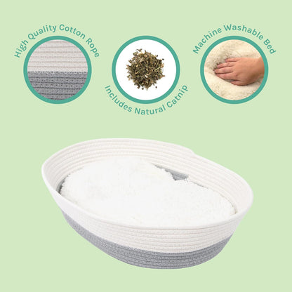 Kitty City Woven Cat Bed with Removable Washable Cushion, Cozy Braided Rope Indoor Cat Bed with Natural Catnip, Warm round Cat Bed for Small to Medium Cats, 14” X 19" - White/Grey5