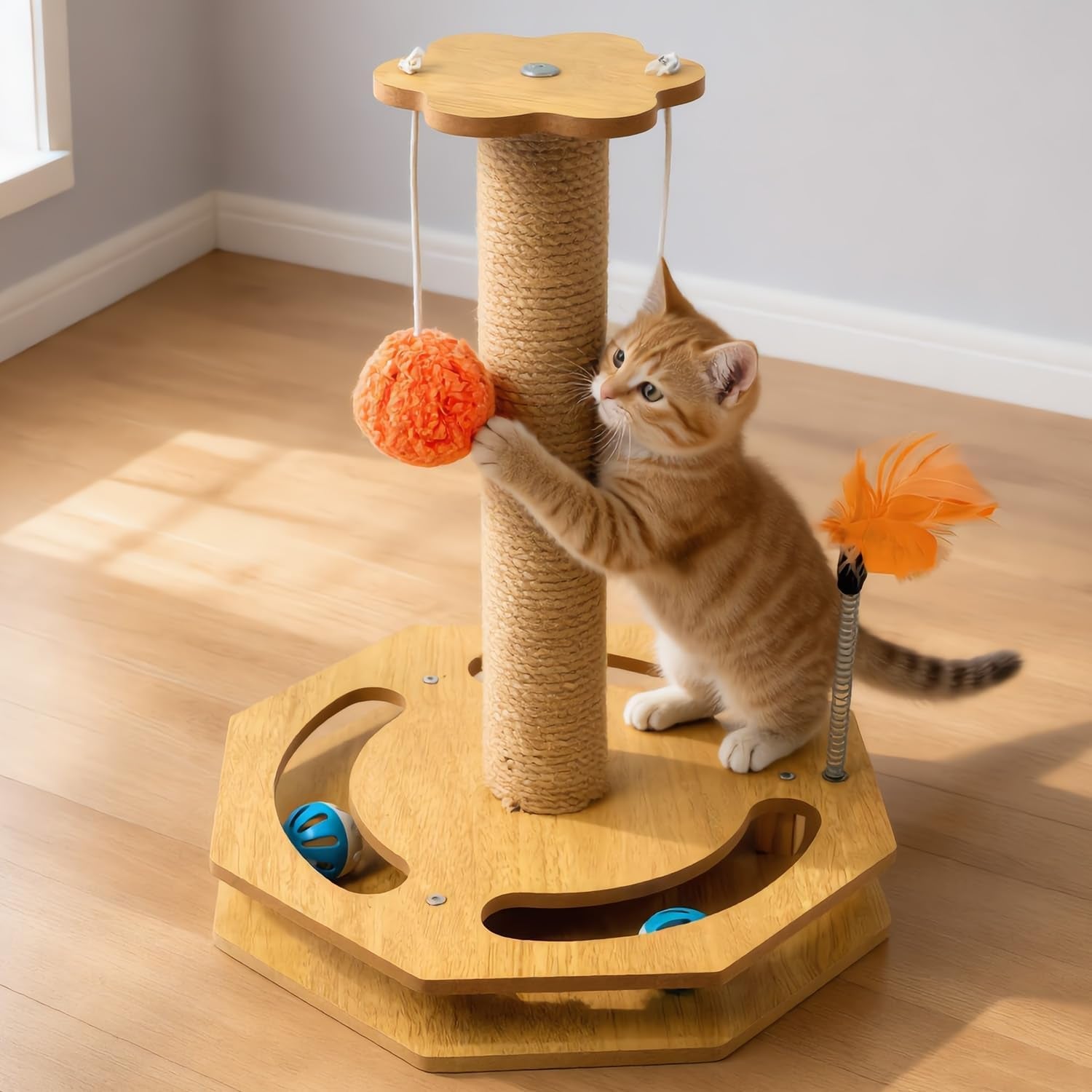 cat-scratching-post-with-vertical-scratcher-and-tracking-interactive-toy-for-kittens-4-in-1-cat-scratcher-toy-with-cat-ball-tracks-16-6-tall-with-interactive-feather