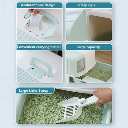 Pet Supplies, Hooded Cat Litter Box with Scoop & Handle, Portable Enclosed Tray(Blue)5
