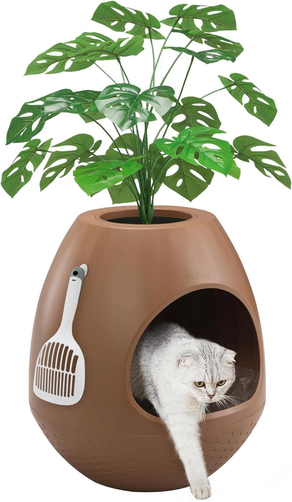 Eggloa6 Hidden Cat Litter Box with Artificial Plants ＆ Odor Removal System, Egg-Shaped Enclosure Includes Scoop ＆3PCS Liners Secret, Discreet Furniture, DIY Assembly Cat Litter Box Cabinet (Brown)12