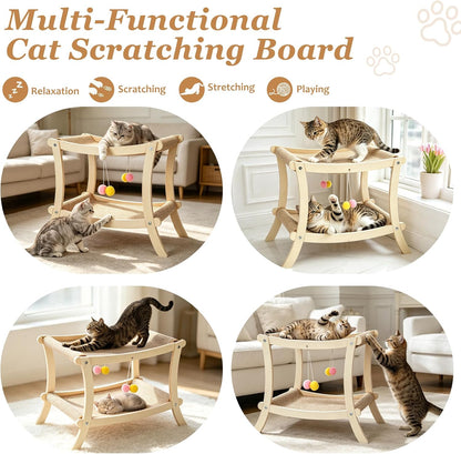 Indoor Cat Scratcher Bed, Double Layer Cat Hammock with Toy Ball, Wooden Sisal Cat Scratching Pad for Cats, Elevated Cat Lounge for Claw Grinding & Sleeping5