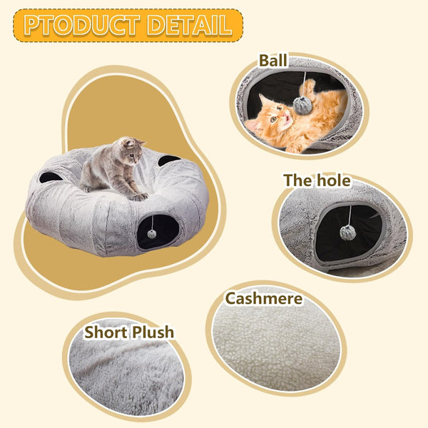 WINDRACING Cat Tunnel Bed for Indoor Cats - Cute Cat Donut Tunnel with Washable Circle Cushion, round Pet Play Toy for Kitten/Puppy/Rabbit, Grey5