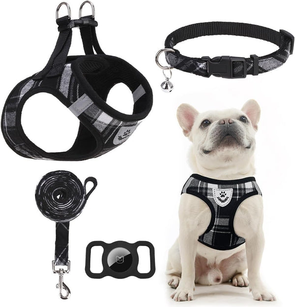 EXPAWLORER Plaid Small Dog Harness and Leash Set with Airtag Holder - No Pull Soft Padded Step in Dog Vest Harness Medium Sized Dog, Reflective Puppy Harness, Collar and Leash for Walking, Khaki S17
