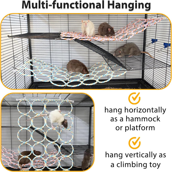 Rat Climbing Rope Net Toy for Cage, Hanging Swing Toy (Random Color) | Multifunctional Small Pet Activity Toy Works as Hemp Perch, Rope Ladder, Bridge and Hammock for Rats, Birds to Climb and Rest3