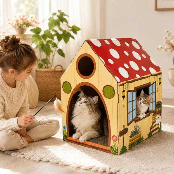 Cinrobiye Cardboard Cat House with Scratcher, Indoor Cat Condo Cat Cave Hideout with Scratch Pad, Cardboard Cat Playhouse Bed for Cats, Kittens, Rabbits & Small Pets (Mushroom)6