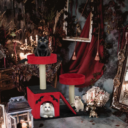 VINGLI 27.6In Gothic Cat Tree with Spacious Cat Condo & 2 Padded Perches, Red & Black Cat Tower with Scratching Ladder, Sisal Posts & Spider Toy for Large Cats3