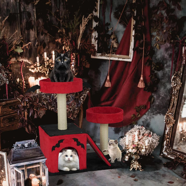 VINGLI 27.6In Gothic Cat Tree with Spacious Cat Condo & 2 Padded Perches, Red & Black Cat Tower with Scratching Ladder, Sisal Posts & Spider Toy for Large Cats3