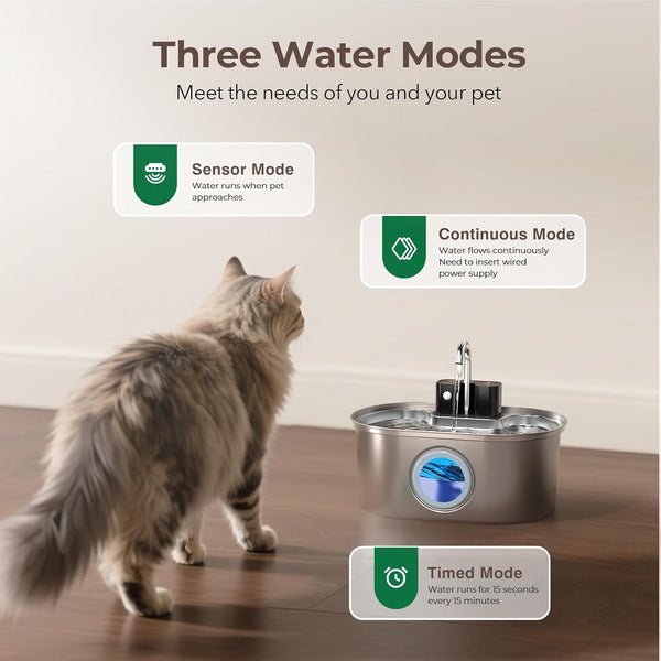 PEKTACO Wireless Cat Water Fountain, 108Oz/3.2L Stainless Steel, 3 Filters | 3 Smart Modes, 25 Db Quiet Pump, Multi-Layer Filtration, Bpa-Free Parts, Dishwasher-Safe Bowl, Easy-Clean for Daily Use7