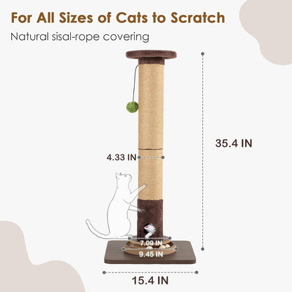 35.4" Tall Sisal Cat Scratching Post, Anti-Tip Stable Base, Interactive Mouse Hole & Toys, Furniture Grade Wood Cat Scratcher Tower for Indoor Cats2