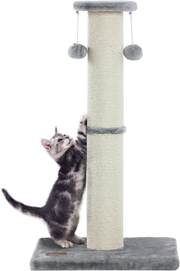 34Inch Tall Cat Scratching Post for Indoor Cats Adults | 4.3Inch Diameter Large Cat Scratch Post, Sturdy and Durable Cat Scratcher with Dangling Balls, Natural Sisal, Grey1