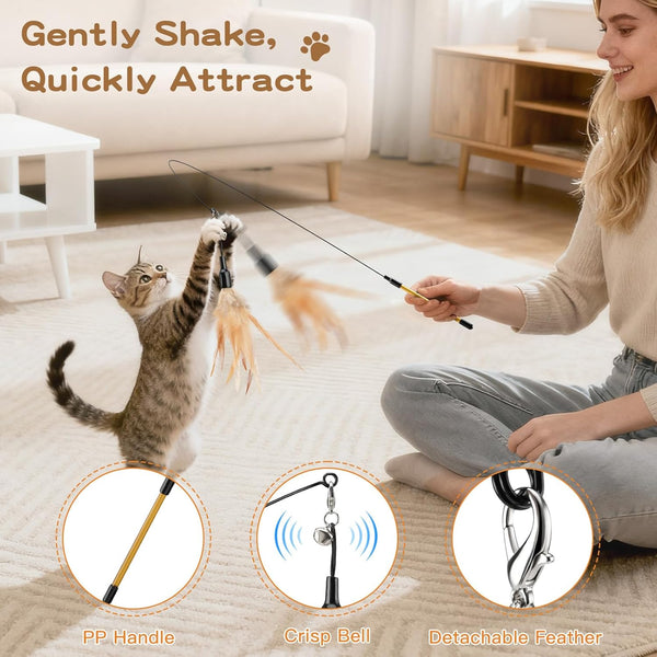Pawaboo Feather Teaser Cat Toy - Interactive Wand with Extra Long 34.5" Wand and Small Bell, Fun Exerciser Playing Toy for Kittens or Cats, Brown Feather3