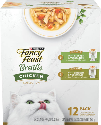 Purina Fancy Feast Chicken Broth Complement Lickable Grain Free Wet Cat Food Variety Pack - (Pack of 12) 1.4 Oz. Pouches1